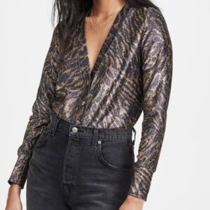 NWT GANNI Animal Leopard Print Metallic V-Neck Cardigan Sweater Size 40 EU/8 US